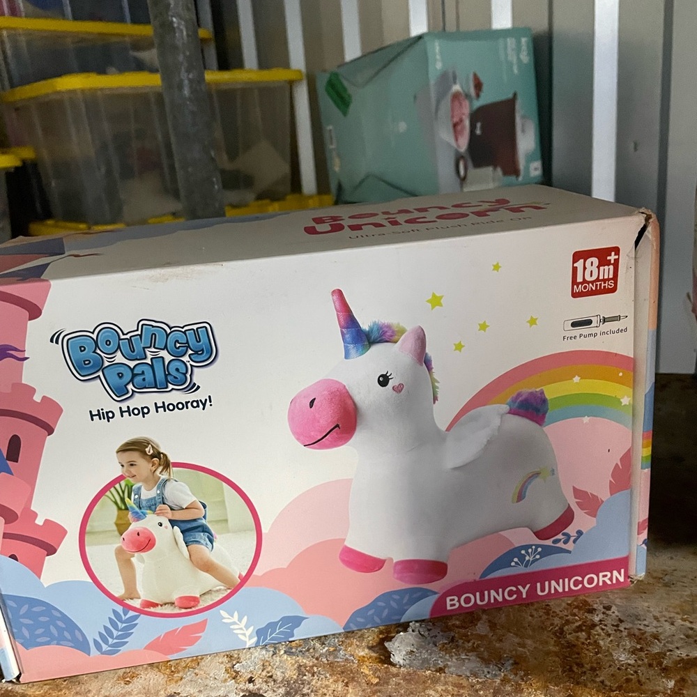 Brand New in box NIB Bouncy Pals Unicorn Ride-On Toy birthday decor